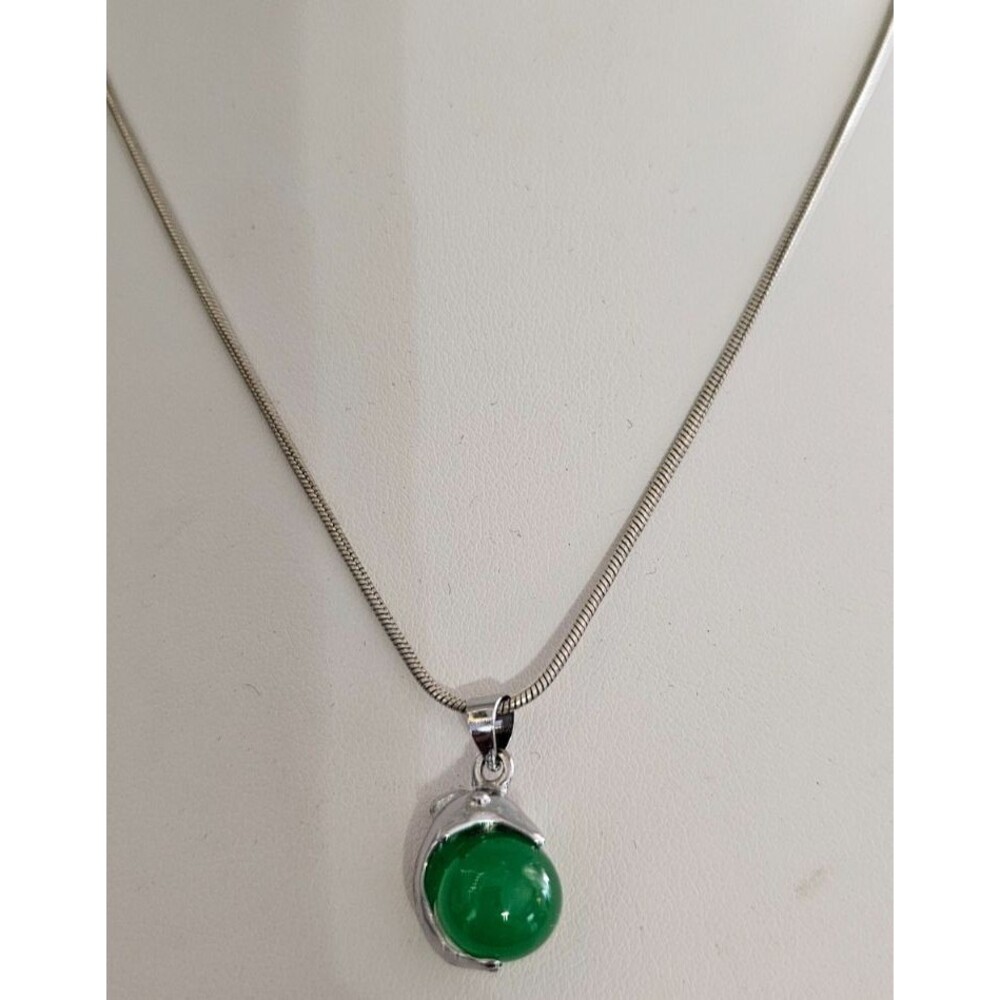 18KWGP Jadeite Dolphin Pendant on 925 Silver 20" Snake Chain